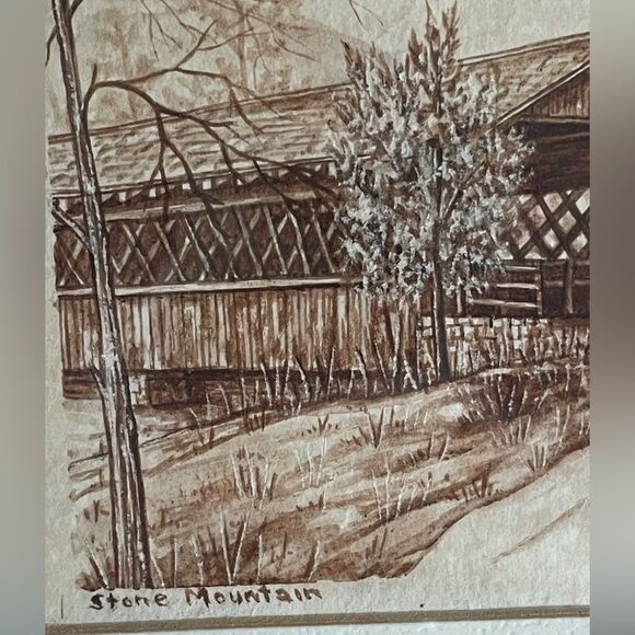 Vintage Signed Art Stone Mountain Covered Bridge 1980 Framed Wood - Picture 5 of 7